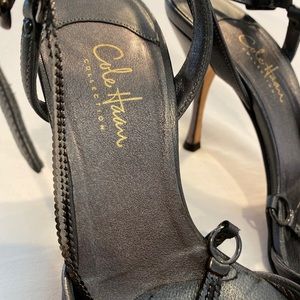 Cole Haan gunpowder silver metal strapped heels